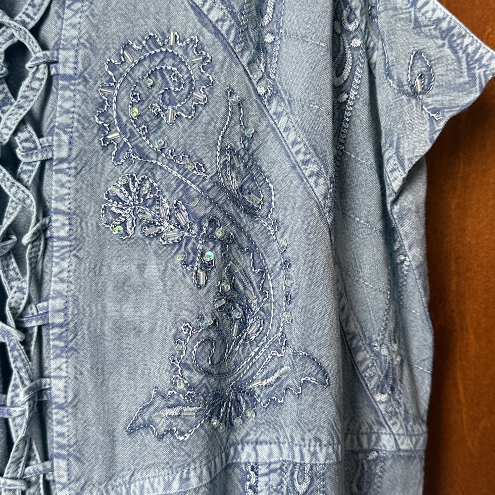 Coline NWT Denim Blue Viscose Beaded and Embroidered Midi Dress. XXL - Picture 5 of 8